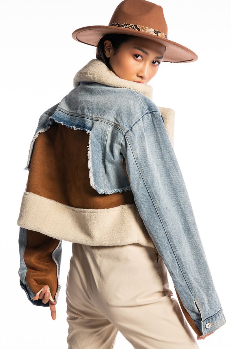 MAKIN IT BLEND DENIM SHEARLING CROP JACKET