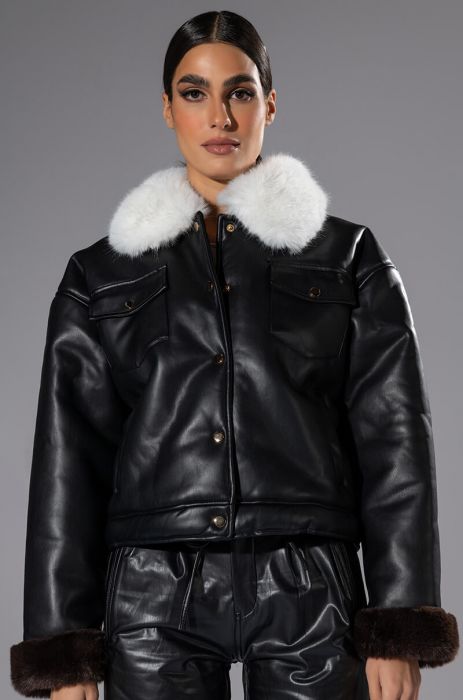 MEET ME AT OUR SPOT PU TRUCKER JACKET IN BLACK