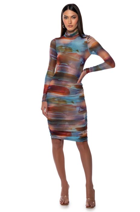 MEL PRINTED OPEN BACK MIDI DRESS IN BROWN MULTI