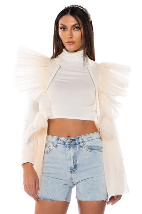 MIGHTY FINE PEPLUM MESH BOMBER in CREAM