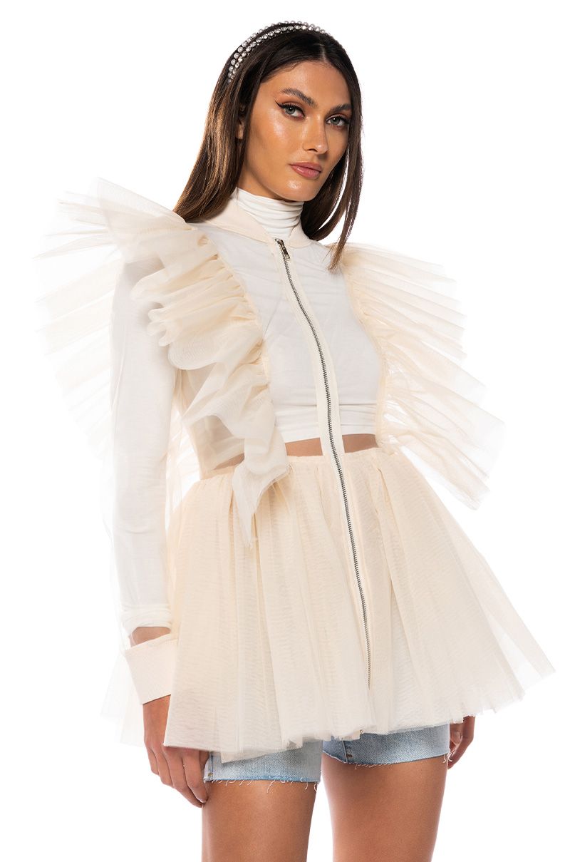 MIGHTY FINE PEPLUM MESH BOMBER in CREAM