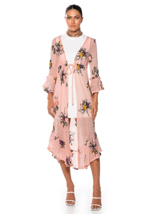 MISS HONEY LONG SLEEVE FLORAL DUSTER SWEATER IN PINK FLORAL