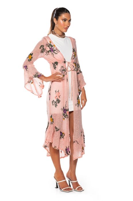 MISS HONEY LONG SLEEVE FLORAL DUSTER SWEATER IN PINK FLORAL