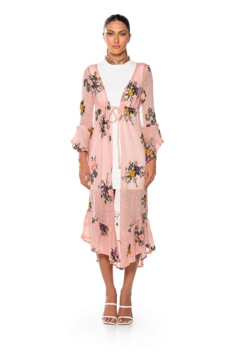 MISS HONEY LONG SLEEVE FLORAL DUSTER SWEATER IN PINK FLORAL