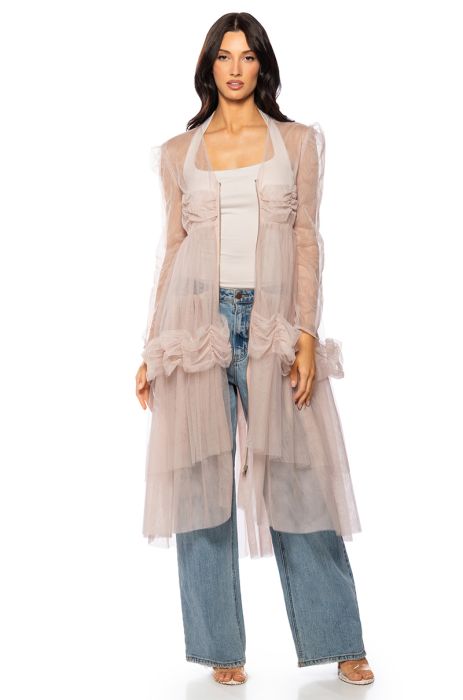 MISS MADAM MESH RUFFLE MAXI DUSTER in light pink