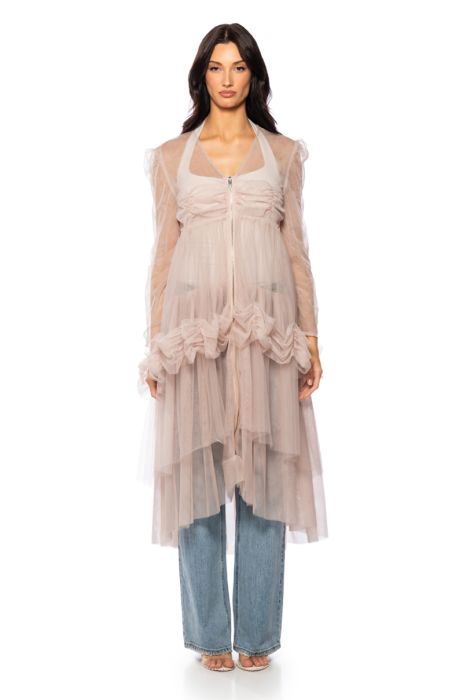 MISS MADAM MESH RUFFLE MAXI DUSTER in light pink