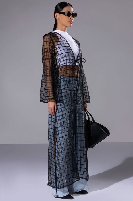 MISS MYSTERIOUS MESH GRID DUSTER IN BLACK