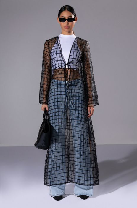 MISS MYSTERIOUS MESH GRID DUSTER IN BLACK