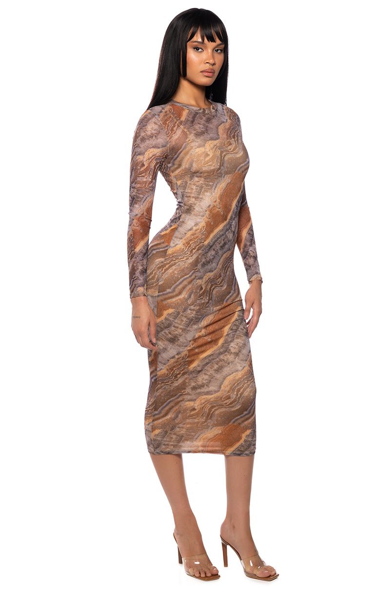 MONICA LONG SLEEVE MIDI DRESS IN BROWN MIX