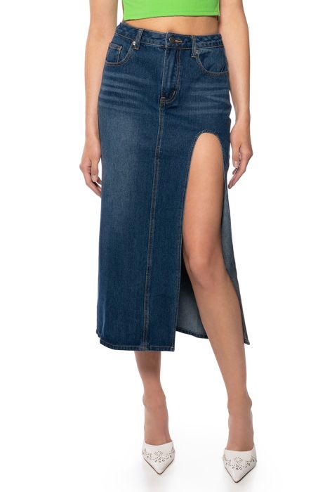 NAUGHTY OR NICE DRAMA SLIT DENIM SKIRT IN MEDIUM BLUE DENIM