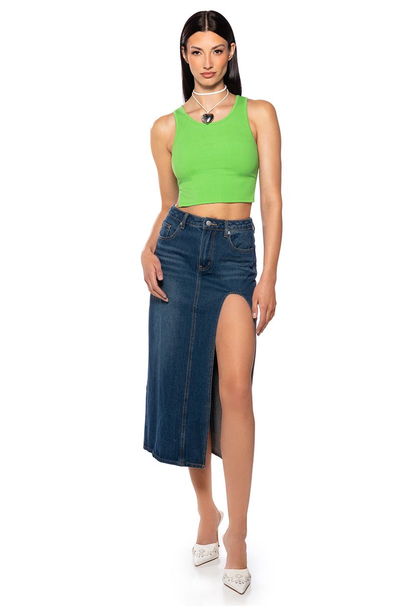 NAUGHTY OR NICE DRAMA SLIT DENIM SKIRT IN MEDIUM BLUE DENIM