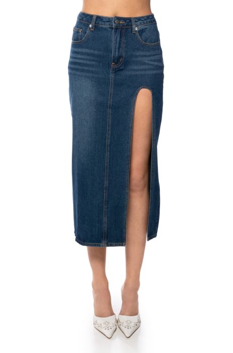 NAUGHTY OR NICE DRAMA SLIT DENIM SKIRT IN MEDIUM BLUE DENIM