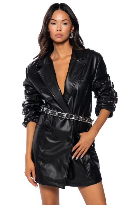 NEO BUCKLED LONGLINE PU BLAZER in black