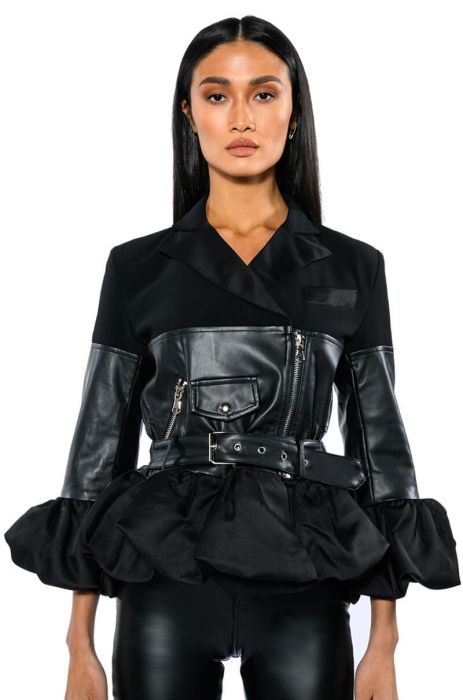 NEW BEGINNINGS THREE QUARTER SLEEVE BELTED PEPLUM MOTO JACKET in BLACK