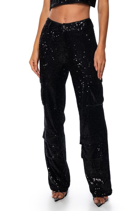 NIGHT OF NIGHTS SEQUIN CARGO PANT in black