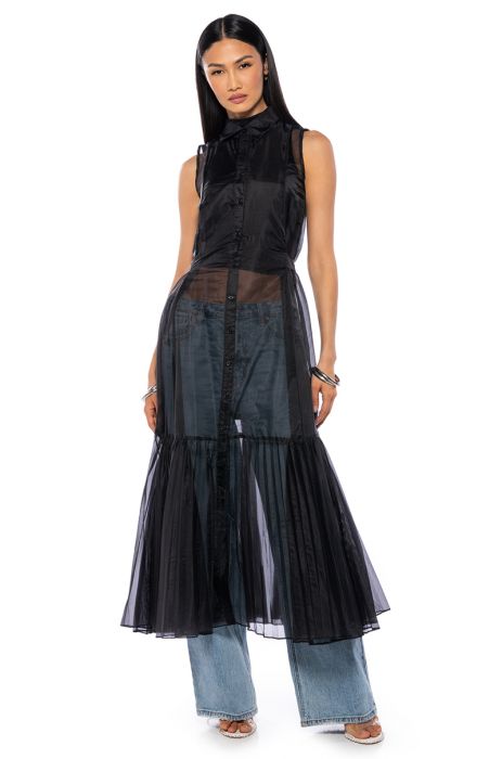 NIGHTINGALE SHEER PLEATED BUTTON DOWN DUSTER in black