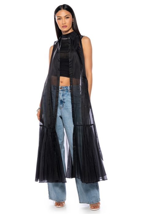 NIGHTINGALE SHEER PLEATED BUTTON DOWN DUSTER in black