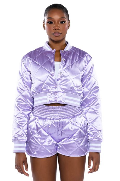 NO CAP CROPPED SATIN VARSITY BOMBER IN LILAC
