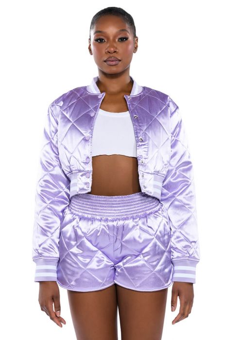 NO CAP CROPPED SATIN VARSITY BOMBER IN LILAC