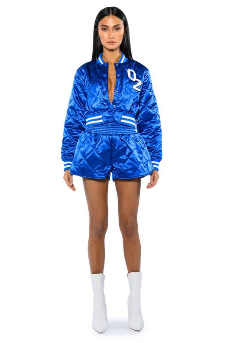 AZALEA WANG NO CAP CROPPED SATIN VARSITY BOMBER IN BLUE