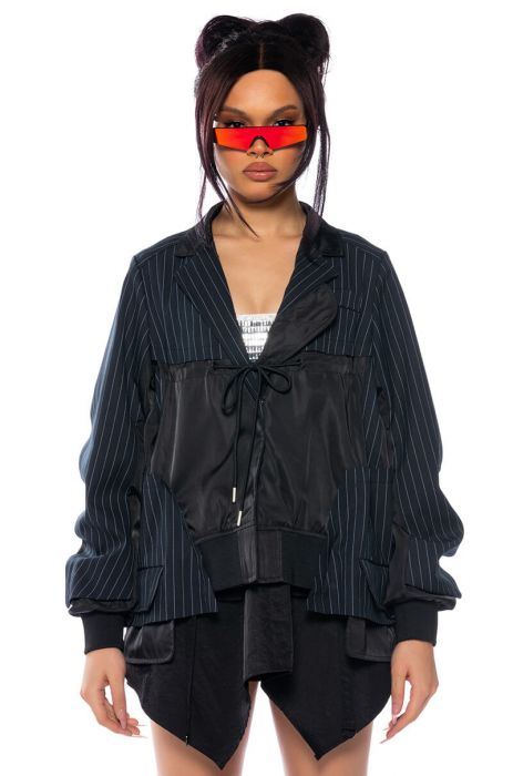 NOT JUST ANYBODY PINSTRIPE BLAZER BOMBER in blue