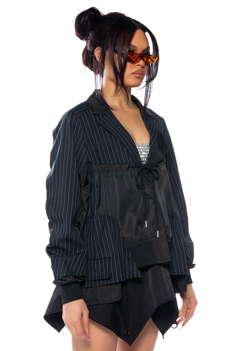 NOT JUST ANYBODY PINSTRIPE BLAZER BOMBER in blue