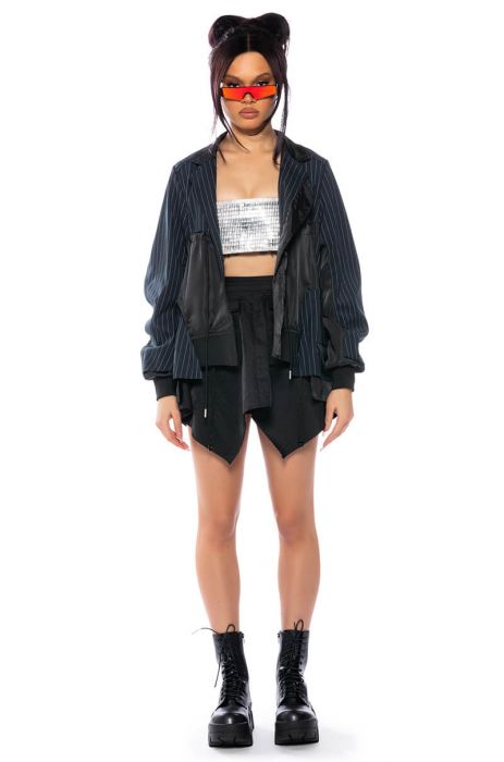 NOT JUST ANYBODY PINSTRIPE BLAZER BOMBER in blue