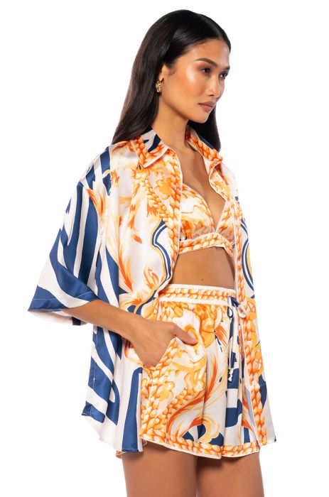 OCEAN VIEW BRALETTE BUTTON DOWN TOP AND SHORT 3 PIECE SET IN NAVY MULTI