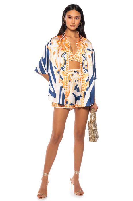 OCEAN VIEW BRALETTE BUTTON DOWN TOP AND SHORT 3 PIECE SET IN NAVY MULTI