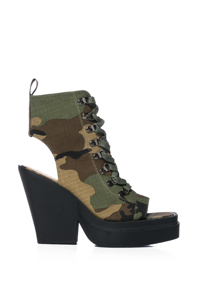 OFF DUTY PEEP TOE PLATFORM BOOTIE IN CAMO