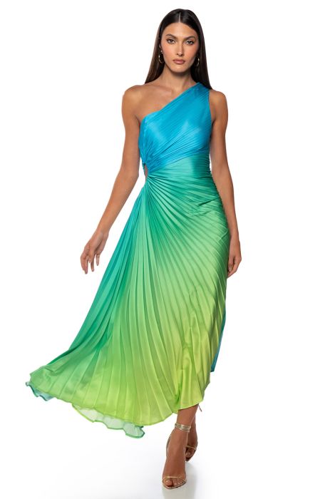 ON MY OWN WAVE OMBRE ONE SHOULDER MAXI DRESS IN BLUE MULTI