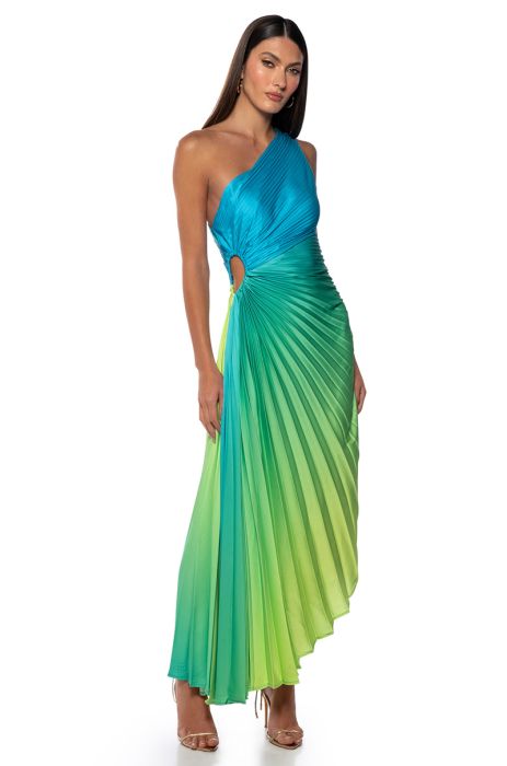 ON MY OWN WAVE OMBRE ONE SHOULDER MAXI DRESS IN BLUE MULTI