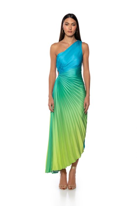 ON MY OWN WAVE OMBRE ONE SHOULDER MAXI DRESS IN BLUE MULTI