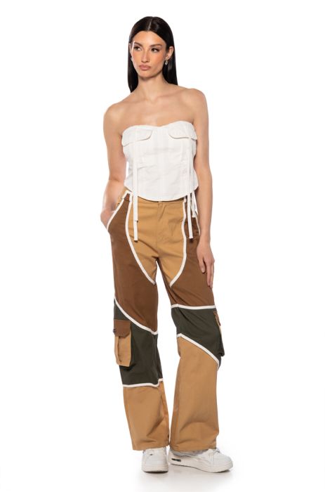 ON MY WAY UP COLORBLOCK CARGO PANTS in brown multi