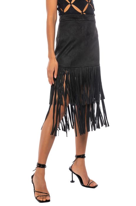 ON THE LOOKOUT FRINGE MIDI SKIRT IN BLACK