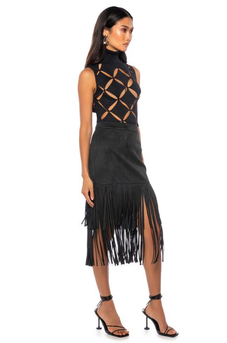 ON THE LOOKOUT FRINGE MIDI SKIRT IN BLACK