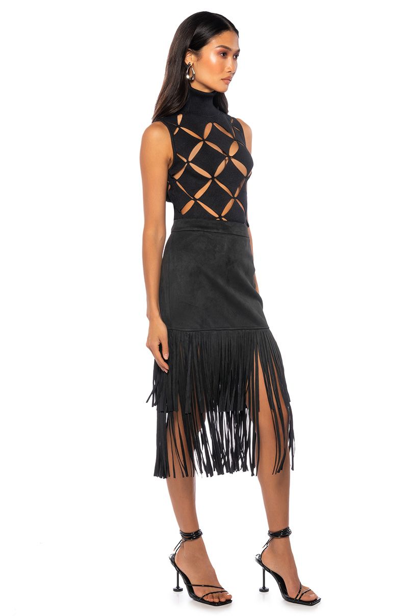ON THE LOOKOUT FRINGE MIDI SKIRT IN BLACK