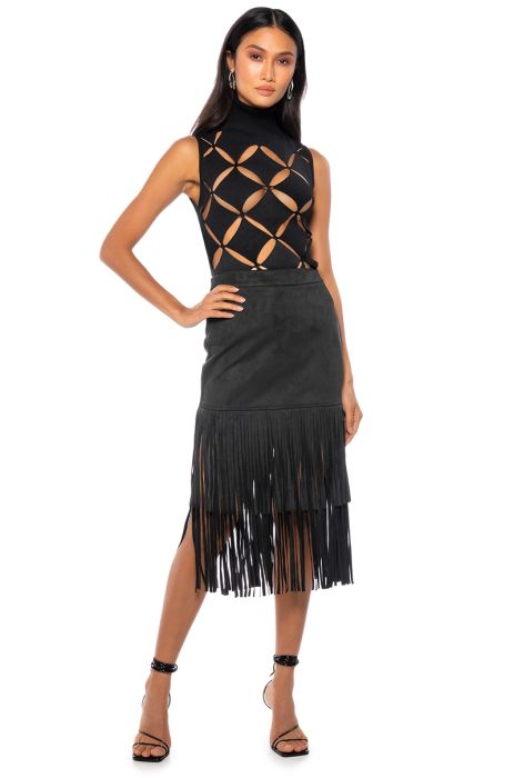 ON THE LOOKOUT FRINGE MIDI SKIRT IN BLACK