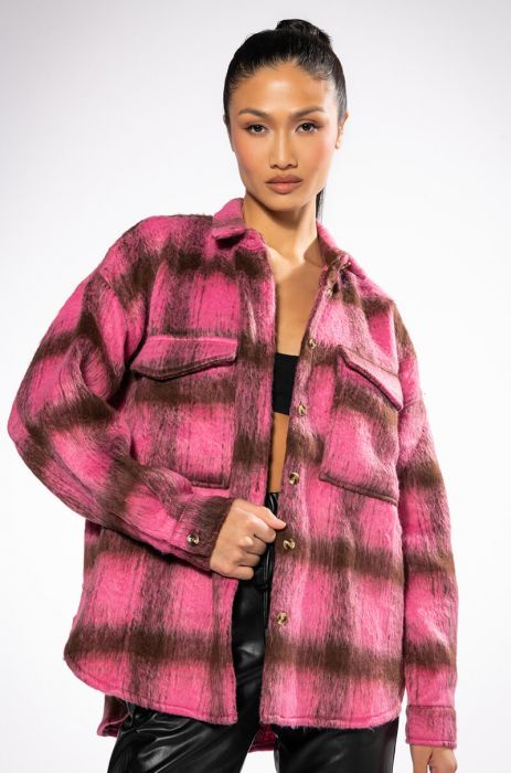 ON THE MOVE PLAID SHACKET IN PINK MULTI