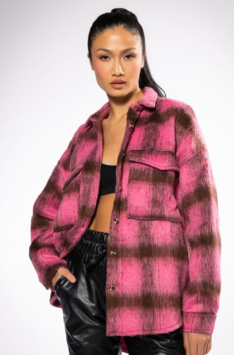 ON THE MOVE PLAID SHACKET IN PINK MULTI