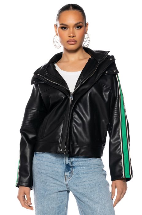 ON YOUR MARKS FAUX LEATHER HOODED JACKET IN BLACK