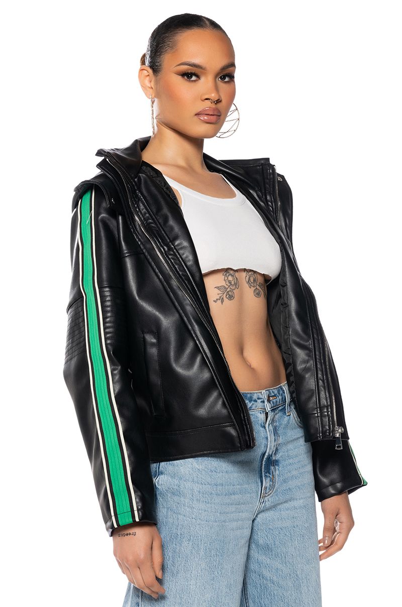 ON YOUR MARKS FAUX LEATHER HOODED JACKET IN BLACK