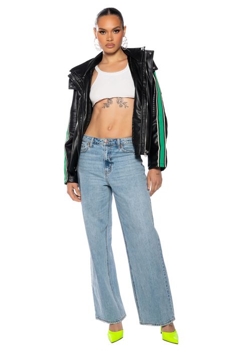 ON YOUR MARKS FAUX LEATHER HOODED JACKET IN BLACK