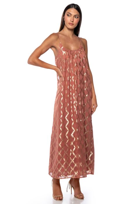 OUT IN THE SUN STRAPPY PRINTED MAXI DRESS IN ROSE GOLD