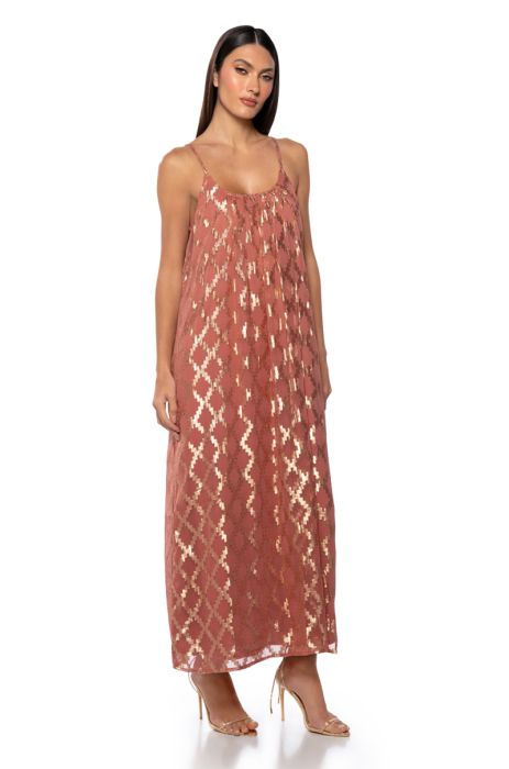 OUT IN THE SUN STRAPPY PRINTED MAXI DRESS IN ROSE GOLD