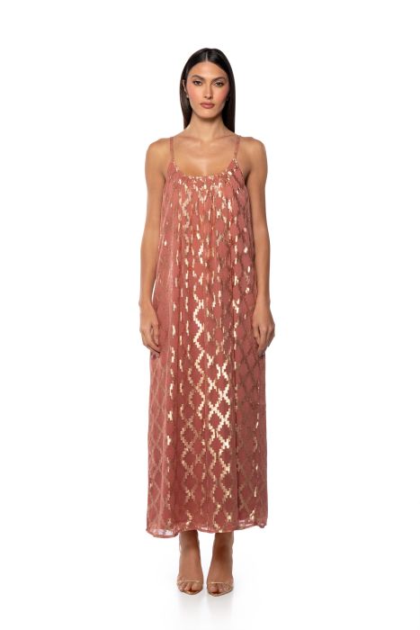 OUT IN THE SUN STRAPPY PRINTED MAXI DRESS IN ROSE GOLD
