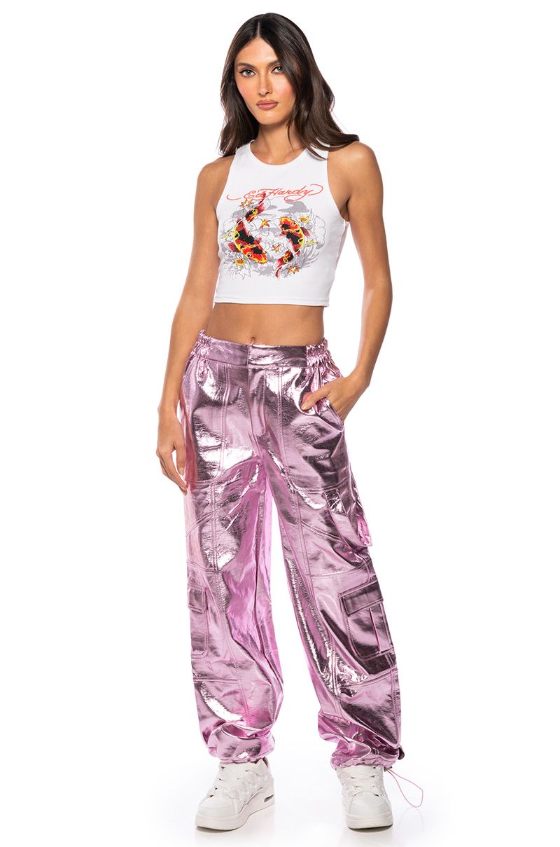 OUT OF THIS WORLD METALLIC CARGO PANTS IN PINK
