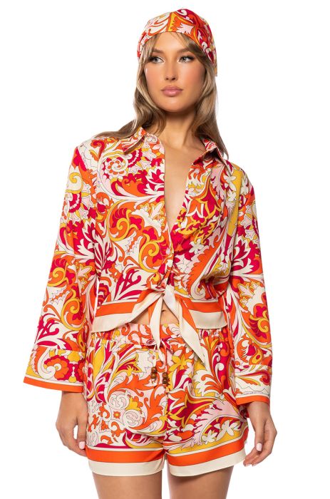 PAISLEY PLEASE TIE FRONT MINI SET IN ORANGE