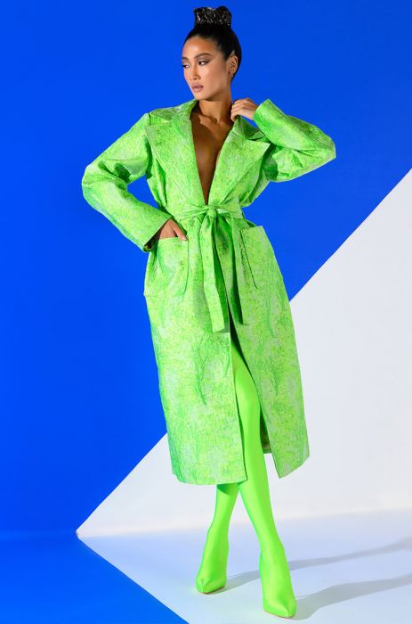 AZALEA WANG PARIS FASHION WEEK TAPESTRY TRENCH COAT in green