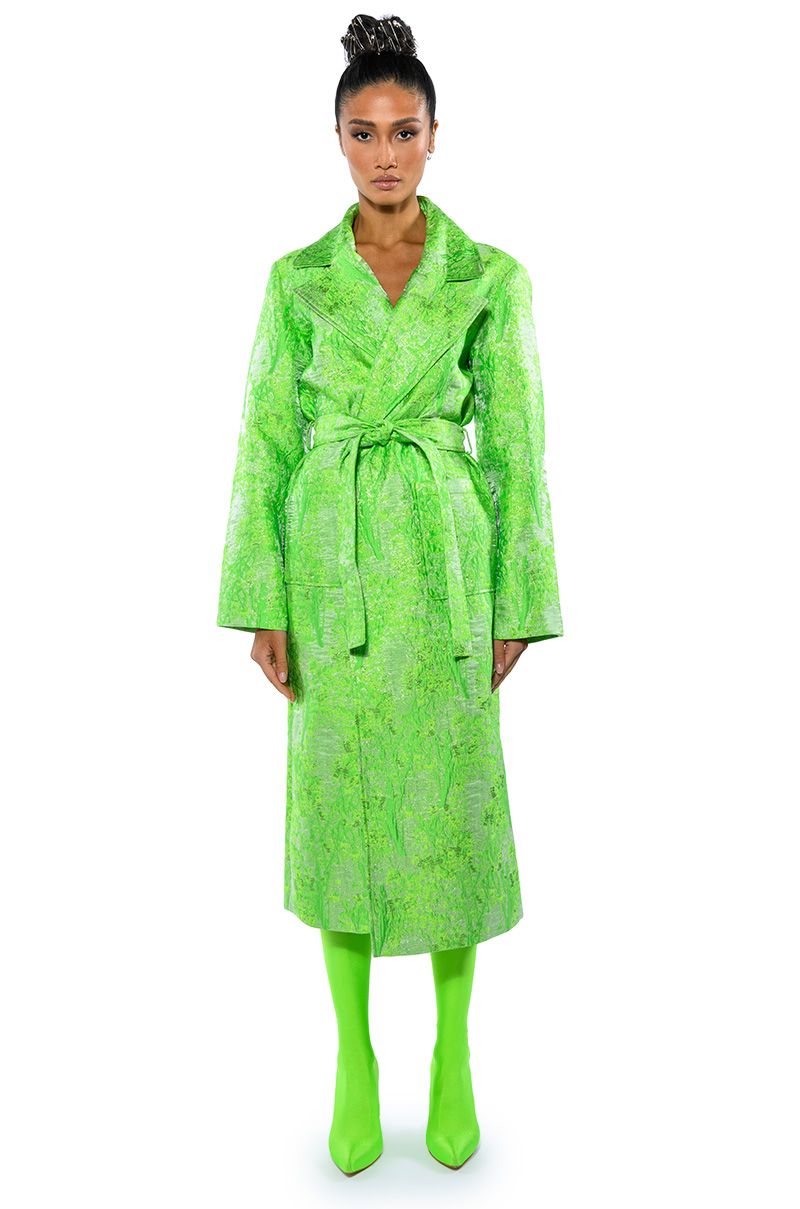 AZALEA WANG PARIS FASHION WEEK TAPESTRY TRENCH COAT in green